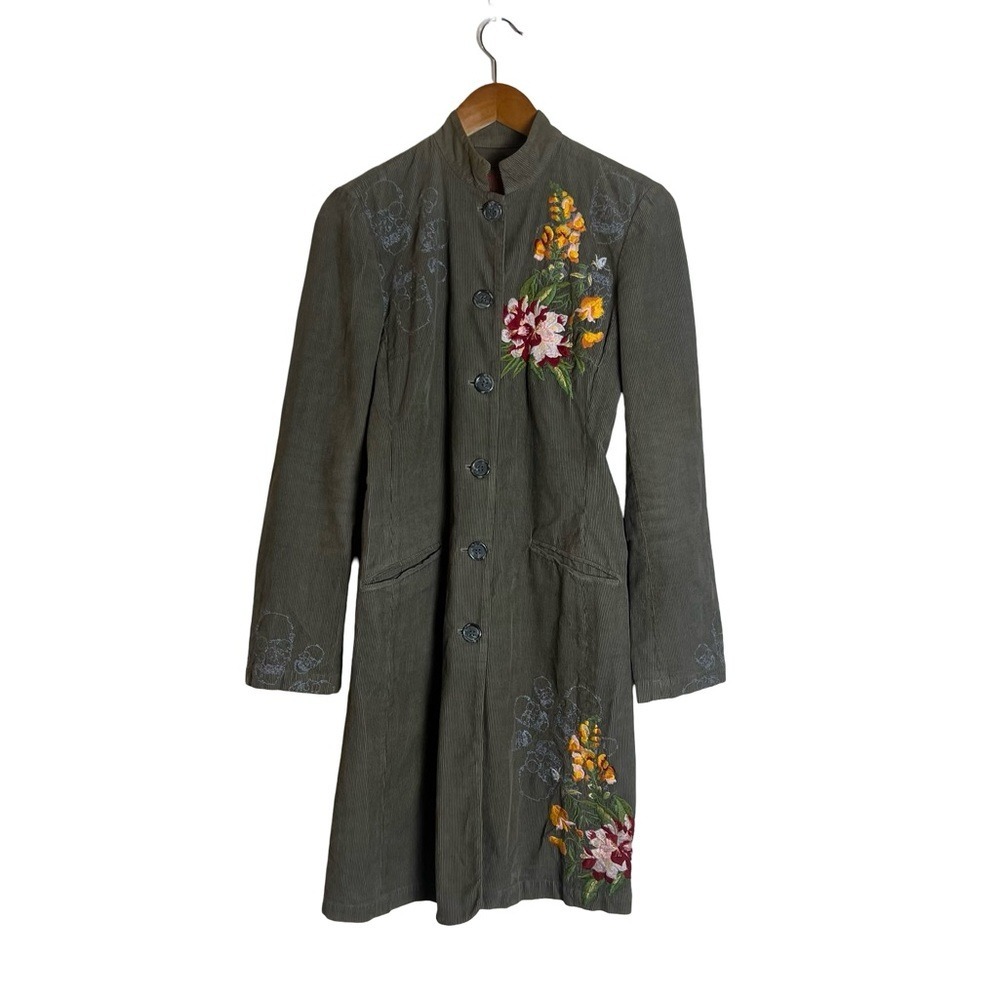 Johnny Was Corduroy Duster Coat Green Floral Skull Embroidered Size S